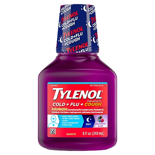 Tylenol Cold + Flu + Cough Night Wild Berry Burst Liquid for Adults, 8 fl oz
Uses
■ temporarily relieves these common cold/flu symptoms:
 ■ minor aches and pains
 ■ headaches
 ■ nasal congestion
 ■ runny nose and sneezing
 ■ cough
 ■ sinus congestion and pressure
 ■ sore throat
■ helps clear nasal passages
■ relieves cough to help you sleep
■ temporarily reduces fever

Drug Facts
Active ingredients (in each 15 mL) - Purpose
Acetaminophen 325 mg - Pain reliever/fever reducer
Dextromethorphan HBr 10 mg - Cough suppressant
Doxylamine Succinate 6.25 mg - Antihistamine
Phenylephrine HCI 5 mg - Nasal decongestant