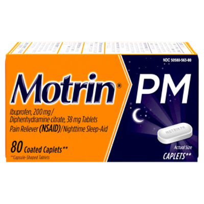 Motrin PM Pain Reliever (NSAID)/Nighttime Sleep Aid Coated Caplets, 200 mg/38 mg, 80 count