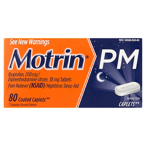 Motrin PM Pain Reliever (NSAID)/Nighttime Sleep Aid Coated Caplets, 200 mg/38 mg, 80 count
Ibuprofen, 200 mg / Diphenhydramine Citrate, 38 mg Tablets Pain Reliever (NSAID)/Nighttime Sleep-Aid

Coated caplets**
**Capsule-shaped tablets

Uses
■ for relief of occasional sleeplessness when associated with minor aches and pains
■ helps you fall asleep and stay asleep

Drug Facts
Active ingredients (in each caplet) - Purposes
Diphenhydramine citrate 38 mg - Nighttime sleep-aid
Ibuprofen 200 mg (NSAID)* - Pain reliever
*nonsteroidal anti-inflammatory drug