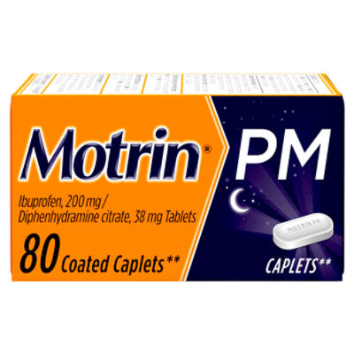 Motrin PM Pain Reliever (NSAID)/Nighttime Sleep Aid Coated Caplets, 200 mg/38 mg, 80 count