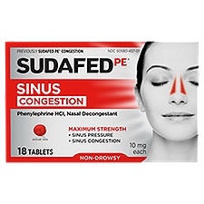 Sudafed PE Maximum Strength Non-Drowsy Sinus Congestion Tablets, 10 mg, 18 count