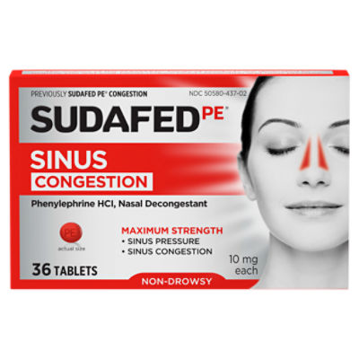 Sudafed PE Maximum Strength Non-Drowsy Sinus Congestion Tablets, 10 mg, 36 count