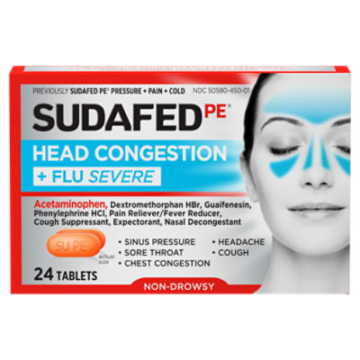 Sudafed PE NonDrowsy Head Congestion + Flu Severe Tablets, 24 count
