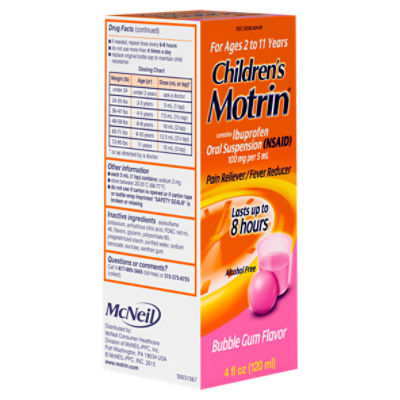 Children's Motrin Bubble Gum Flavor Pain Reliever/Fever Reducer Liquid, 4 fl oz. Image 8 of 9