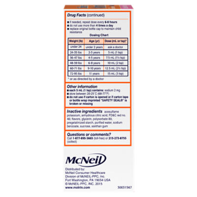 Children's Motrin Bubble Gum Flavor Pain Reliever/Fever Reducer Liquid, 4 fl oz. Image 5 of 9