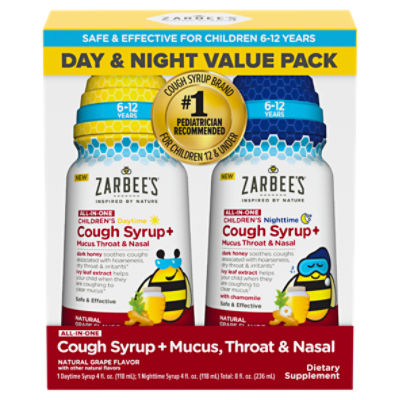 Zarbee's All-in-One Cough Syrup+ Mucus, Throat & Nasal Dietary Supplement, 4 fl oz, 2 count