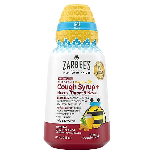 Zarbee's Children's Daytime All-in-One Natural Grape Flavor Dietary Supplement, 6-12 Years, 8 fl oz
Children's Daytime All-in-One Cough Syrup+ Mucus, Throat & Nasal Natural Grape Flavor Dietary Supplement 6-12 Years


Did You Know? Our cough syrups are naturally sweetened. The only sugar in our bottles comes from our soothing dark honey.

Complete, multi-benefit cough syrup:
• Grade A proprietary dark honey soothes coughs associated with hoarseness, dry throat & irritants*
• Ivy leaf extract helps your child when they are coughing to clear muscus*
• Turmeric root, an antioxidant, supports healthy nasal passages*
• Zinc supports the body's natural immune system*
• B-vitamins support the body's natural production of energy*
*These Statements Have Not Been Evaluated by The Food and Drug Administration. This Product is Not Intended to Diagnose, Treat, Cure, or Prevent Any Disease.

Did You Know? Our cough syrups are naturally sweetened. The only sugar in our bottles comes from our soothing dark honey.