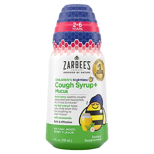 Zarbee's Children's Nighttime Cough Syrup + Mucus Dietary Supplement, 2-6 Years, 4 fl oz
• Grade a proprietary dark honey effectively soothes coughs associated with hoarseness dry throat & irritants*
• Ivy leaf extract helps your child when they are coughing to clear mucus*
• Zinc and elderberry support the body's natural immune system*
• Chamomile calms the body & mind before bed

*These Satements Have Not Been Evaluated by the Food and Drug Administration. This Product is Not Intended to Diagnose, Treat, Cure, or Prevent Any Disease.
