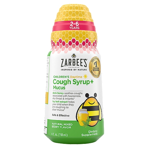 Zarbee's Children's Daytime Cough Syrup+ Mucus Dietary Supplement, 2-6 Years, 4 fl oz
Did You Know? Our cough syrups are naturally sweetened. The only sugar in our bottles comes from our soothing dark honey.

• Grade A proprietary dark honey effectively soothes coughs associated with hoarseness dry throat & irritants*
• Ivy leaf extract helps your child when they are coughing to clear mucus*
• Zinc and elderberry support the body's natural immune system*
*These Statements Have Not Been Evaluated by the Food and Drug Administration. This Product is Not Intended to Diagnose, Treat, Cure, or Prevent Any Disease.