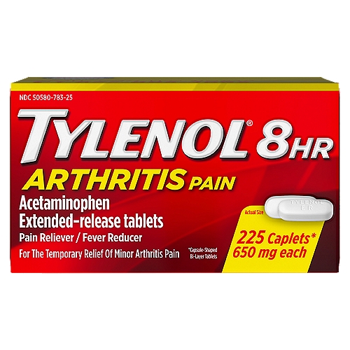 Tylenol 8hr Arthritis Pain Extended-Release Tablets, 650 mg, 225 count
225 caplets*
*Capsule-shaped bi-layer tablets

Uses
■ temporarily relieves minor aches and pains due to:
 ■ minor pain of arthritis
 ■ muscular aches
 ■ backache
 ■ premenstrual and menstrual cramps
 ■ the common cold
 ■ headache
 ■ toothache
■ temporarily reduces fever

Drug Facts
Active ingredient (in each caplet) - Purpose
Acetaminophen 650 mg - Pain reliever/fever reducer