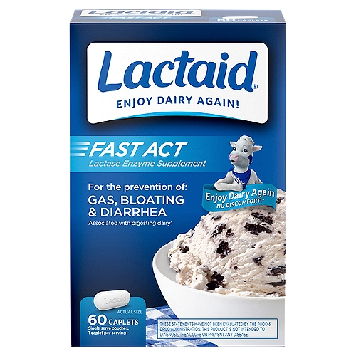 Lactaid Fast Act Lactase Enzyme Supplement, 60 count
Lactaid Fast Act Lactose Intolerance Relief Caplets, Lactase Enzyme to Prevent Gas, Bloating & Diarrhea Due to Lactose Sensitivity, Supplements for Travel & On-the-Go, 60 Packs of 1-ct.

Lactaid Fast Act Caplets work quickly to make foods containing dairy easy to digest for those with lactose intolerance or dairy sensitivity to lactose, so you can enjoy your plate. This lactase enzyme digestive supplement helps prevent the gas, bloating, and diarrhea due to lactose intolerance, that many people experience after eating foods containing dairy. The lactase enzymes in this dietary supplement contain 9000 FCC lactase units to help prevent symptoms associated with lactose intolerance by breaking down milk sugar (lactose), so dairy foods are easier to digest. These easy-to-swallow lactase enzyme caplets start working with your first bite or sip of dairy food. Certified kosher and suitable for ages 4 and up, Lactaid Fast Act Caplets are available in convenient travel packs making them ideal for on-the-go dairy relief.These statements have not been evaluated by the Food and Drug Administration. This product is not intended to diagnose, treat, cure or prevent any disease.

• Single-dose travel packs of Lactaid Fast Act Lactose Intolerance Relief Caplets
• Dietary supplement to prevent gas, bloating and diarrhea associated with lactose intolerance
• The formula works quickly to make dairy easy to digest by those with dairy sensitivity to lactose
• Formulated with lactase enzymes, they break down milk sugar to help reduce discomfort
• This easy-to-swallow dairy digestive aid is suitable for adults and children, ages 4 and up
• Available in individually wrapped single-dose packaging for travel & on-the-go dairy relief
• The fast-acting caplets start working with your first bite, so you can enjoy dairy with confidence
• Prevent discomfort & experience continued relief with Lactaid Fast Act Lactose Intolerance Caplets

Enjoy Dairy Again!
No Discomfort!*

Lactaid® Fast Act Supplements for the Prevention of: Gas, Bloating, and Diarrhea associated with digesting dairy*
*These Statements Have Not Been Evaluated by the Food & Drug Administration. This Product is Not Intended to Diagnose, Treat, Cure or Prevent Any Disease.

How It Works:
Lactaid® Fast Act Supplements contain a lactase enzyme that your body may not naturally produce enough of. It works in harmony with your body to help you digest dairy.