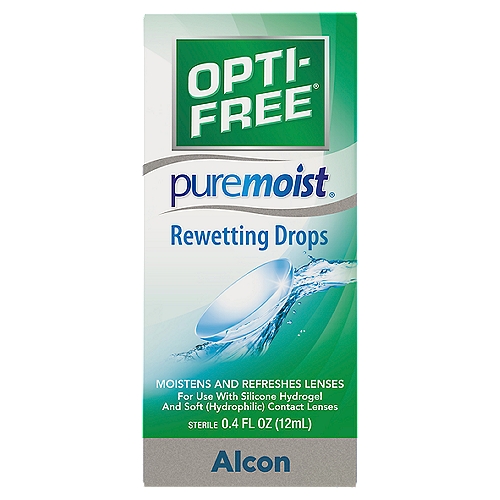 Alcon Opti-Free Puremoist Rewetting Drops, 0.4 fl oz
Opti-Free® PureMoist® Rewetting Drops
Moistens and refreshes your lenses for greater wearing comfort. It also helps remove particulate material that may cause minor irritation, discomfort, dryness, blurring and itchiness while wearing your lenses.
Only Opti-Free PureMoist Rewetting Drops contains patented RLM-100, which helps prevent protein deposit buildup on soft (hydrophilic) lenses while you wear them, when used as directed.
