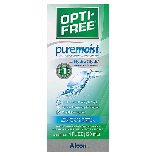 Opti-Free Puremoist Multi-Purpose Disinfecting Solution, 4 fl oz
Kills 99.9% of germs‡
‡ Based on ISO 14729 testing against the 5 panel organisms

Opti-Free® Puremoist® Solution is proven to provide comfort that lasts from morning 'til night.

HydraGlyde® Moisture Matrix is a proprietary multi-functional block copolymer that is primarily designed for wetting and lubricating silicone hydrogel lenses.