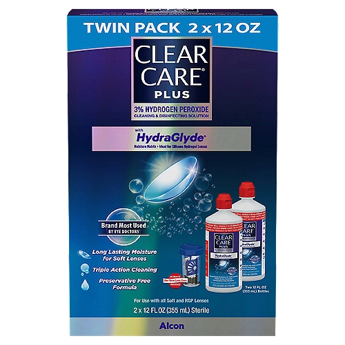 Clear Care Plus Cleaning & Disinfecting Solution Twin Pack, 12 fl oz, 2 count
Voted Product of the Year® - Consumer Survey of Product Innovation - 2016 †
†Winner Eye Care Category. Survey of 40,000 Consumers by TNS.

Our patented triple action cleaning formula deeply cleans and kills bacteria while carrying away dirt and debris by attaching to deposits and lifting them away.
The exclusive HydraGlyde Moisture Matrix is primarily designed for wetting and lubricating silicone hydrogel lenses. It surrounds soft lenses in long-lasting moisture for extra hydration.

What's inside makes the difference in clean
Clear Care Plus Features: 3% Hydrogen Peroxide kills germs & bacteria; Benefits: Helps prevent serious eye infections and deep cleans your lenses to remove protein build-up and debris
Clear Care* Plus Features: Clear Care Plus Lens Case & Disc neutralizes the hydrogen peroxide; Benefits: Creates a gentle saline solution close to your own tears, so no harsh chemicals or preservatives enter your eyes
Clear Care Plus Features: Pluronic 17R4 built in cleaner; Benefits: Convenient one-step cleaning without rubbing to help provide clean, comfortable lenses
Clear Care Plus Features: Exclusive HydraGlyde Moisture Matrix Technology especially for silicone hydrogel soft lenses; Benefits: Reconditions soft lenses and surrounds them with long-lasting moisture for extra hydration, Adds extra lubrication for silicone hydrogel soft lenses

Fresh Lens Feeling for Soft Lenses
Clear Care Plus is a convenient and highly effective hydrogen peroxide based system with exclusive moisture technology for soft contact lenses. Clear Care Plus provides simultaneous cleaning, daily protein removal and disinfection for all types of contact lenses, including soft (hydrophilic), silicone hydrogel, and rigid gas permeable lenses.
