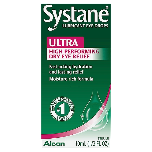 Systane Ultra High Performance Lubricant Eye Drops, 1/3 fl oz
Open your eyes to a breakthrough in comfort with Systane® Ultra Lubricant Eye Drops. Systane® Ultra Elevates the science of dry eye therapy to a new level. From first blink, eyes feel lubricated and refreshed. Feel the difference in dry eye relief with Systane® Ultra.

Uses
■ For the temporary relief of burning and irritation due to dryness of the eye

Drug Facts
Active ingredients - Purpose
Polyethylene Glycol 400 0.4%, Propylene Glycol 0.3% - Lubricant