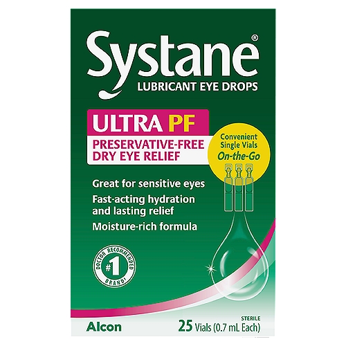 Systane Ultra High Performance Lubricant Eye Drops, 0.7 ml, 25 count
Open your eyes to a breakthrough in comfort with Systane® Ultra Lubricant Eye Drops.
Systane® Ultra preservative-free vials elevates the science of dry eye therapy to a new level so you can have relief from dry eye anytime, anywhere.
From first blink, eyes feel lubricated and refreshed.
Feel the difference in dry eye relief with Systane® Ultra.

Uses
■ For the temporary relief of burning and irritation due to dryness of the eye

Drug Facts
Active ingredient - Purpose
Polyethylene glycol 400 0.4% - Lubricant
Propylene glycol 0.3% - Lubricant