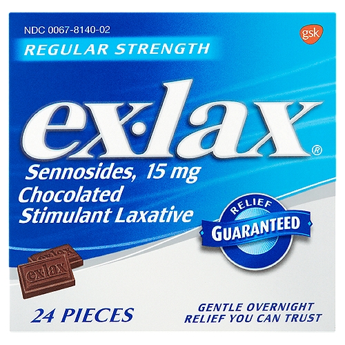 Ex-Lax Regular Strength Chocolated Stimulant Laxative, 24 countnUsesn• relieves occasional constipation (irregularity)n• generally produces bowel movement in 6 to 12 hoursnnDrug FactsnActive ingredient (in each piece) - PurposenSennosides 15 mg - Stimulant laxative