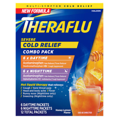 Theraflu Honey Lemon Flavor Severe Cold Relief Combo Pack, 12 count
