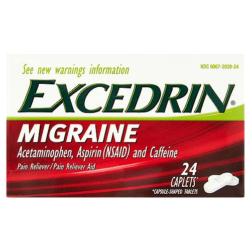 Excedrin Migraine Caplets, 24 count
24 caplets*
*Capsule-shaped tablets

Use
• treats migraine

Drug Facts
Active ingredients (in each caplet) - Purposes
Acetaminophen 250 mg - Pain reliever
Aspirin 250 mg (NSAID*) - Pain reliever
Caffeine 65 mg - Pain reliever aid
*nonsteroidal anti-inflammatory drug