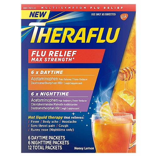 Gsk Theraflu Flu Relief Max Strength Honey Lemon Daytime + Nighttime Powder, 12 count