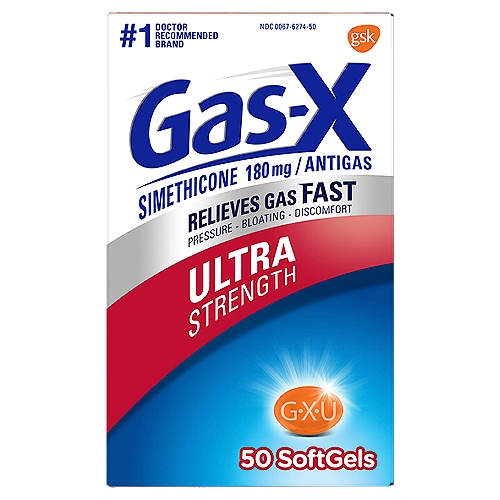 Gas-X Ultra Strength Simethicone Softgels, 180 mg, 50 count
Gas-X® Ultra Strength Softgels offer fast, effective relief of pressure and bloating that antacids can't provide. They are specially formulated with simethicone, the antigas medicine doctors recommend most for pressure, bloating or discomfort referred to as gas.

Gas-X® Ultra Strength Softgels are concentrated to contain liquid gas-fighting medicine in a small softgel so they are easy to swallow, and there is no chalky taste.

Use
For the relief of
• pressure, bloating, and fullness commonly referred to as gas

Drug Facts
Active ingredient (in each softgel) - Purpose
Simethicone 180 mg - Antigas