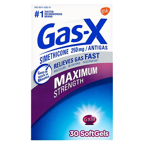 Gas-X Maximum Strength Simethicone Softgels, 250 mg, 30 count
Gas-X Maximum Strength Softgels offer fast, effective relief of pressure and bloating that antacids can't provide. They are specially formulated with simethicone, the antigas medicine doctors recommend most for pressure, bloating or discomfort referred to as gas.

Gas-X Maximum Strength Softgels are concentrated to contain liquid gas-fighting medicine in a small softgel so they are easy to swallow, and there is no chalky taste.

Use
For the relief of
• pressure, bloating, and fullness commonly referred to as gas

Drug Facts
Active ingredient (in each softgel) - Purpose
Simethicone 250 mg - Antigas