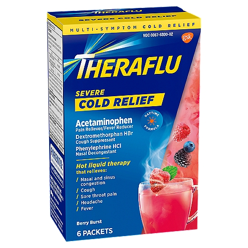 Theraflu Berry Burst Severe Multi-Symptom Cold Relief Packets, 6 count
Drug Facts
Active ingredients (in each packet) - Purposes
Acetaminophen 650 mg - Pain reliever/fever reducer
Dextromethorphan HBr 20 mg - Cough suppressant
Phenylephrine HCl 10 mg - Nasal decongestant

Uses
• temporarily relieves these symptoms due to a cold:
• minor aches and pains
• minor sore throat pain
• headache
• nasal and sinus congestion
• cough due to minor throat and bronchial irritation
• temporarily reduces fever