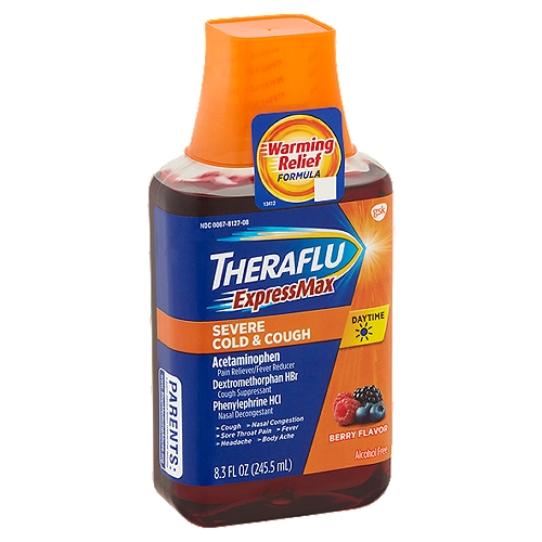 Theraflu ExpressMax Daytime Berry Flavor Severe Cold & Cough Liquid, 8.3 fl oz
Drug Facts
Active ingredients (in each 30 ml) - Purposes
Acetaminophen 650 mg - Pain reliever/fever reducer
Dextromethorphan HBr 20 mg - Cough suppressant
Phenylephrine HCl 10 mg - Nasal decongestant

Uses
• temporarily relieves these symptoms due to a cold:
 • minor aches and pains
 • minor sore throat pain
 • headache
 • nasal and sinus congestion
 • cough due to minor throat and bronchial irritation
• temporarily reduces fever