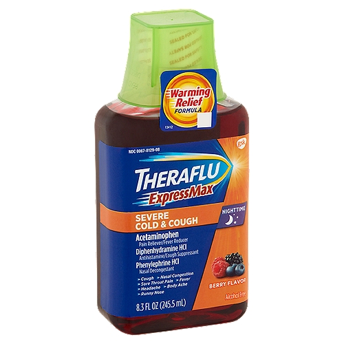 Theraflu ExpressMax Nighttime Berry Flavor Severe Cold & Cough Liquid, 8.3 fl oz
Drug Facts
Active ingredients (in each 30 ml) - Purposes
Acetaminophen 650 mg - Pain reliever/fever reducer
Diphenhydramine HCl 25 mg - Antihistamine/cough suppressant
Phenylephrine HCl 10 mg - Nasal decongestant

Uses
• temporarily relieves these symptoms due to a cold:
 • minor aches and pains
 • minor sore throat pain
 • headache
 • nasal and sinus congestion
 • runny nose
 • sneezing
 • itchy nose or throat
 • itchy, watery eyes due to hay fever
 • cough due to minor throat and bronchial irritation
• temporarily reduces fever