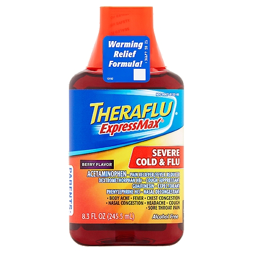 Theraflu ExpressMax Berry Flavor Severe Cold & Flu Liquid, 8.3 fl oz
Uses
• temporarily relieves these symptoms due to a cold:
 • minor aches and pains
 • minor sore throat pain
 • headache
 • nasal and sinus congestion
 • cough due to minor throat and bronchial irritation
• temporarily reduces fever
• helps loosen phlegm (mucus) and thin bronchial secretions to rid the bronchial passageways of bothersome mucus and make coughs more productive

Drug Facts
Active ingredients (in each 30 mL) - Purposes
Acetaminophen 650 mg - Pain reliever/fever reducer
Dextromethorphan HBr 20 mg - Cough suppressant
Guaifenesin 400 mg - Expectorant
Phenylephrine HCI 10 mg - Nasal decongestant