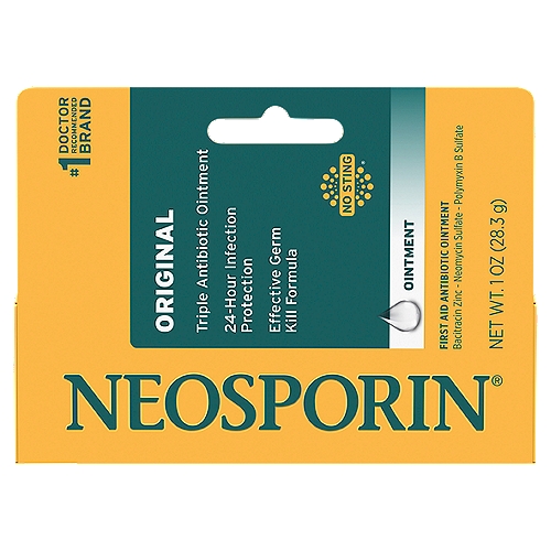 Neosporin Original First Aid Antibiotic Ointment, 1 oz
Neosporin Original First Aid Antibiotic Ointment with Bacitracin Zinc For Infection Protection, Wound Care Treatment & Scar Appearance Minimizer for Minor Cuts, Scrapes and Burns, 1 oz

Neosporin Original First Aid Antibiotic Ointment provides long-lasting infection protection and minimizes the appearance of scars. Made with bacitracin zinc, this first aid antibiotic ointment helps prevent infection in minor cuts, scrapes, and burns and helps minimize the appearance of scars. From the #1 doctor-recommended brand, this antibiotic wound care ointment contains a unique HeliDerm Technology that provides a nourishing environment for skin to heal. To treat minor wounds, simply apply a small amount of the 24-hour infection protection antibiotic ointment and scar minimizer on the affected area one to three times daily and enjoy healthy healing with less visible scars.

• Neosporin Original Topical Antibiotic First Aid Ointment for minor cuts, scrapes and burns
• Wound care cream provides long-lasting infection protection for 24-hours
• First aid ointment nourishes skin to minimize the appearance of scars
• Made with infection-fighting ingredients neomycin sulfate, bacitracin zinc and polymyxin B
• Contains HeliDerm Technology that provides a nourishing environment for skin
• First-aid ointment designed for use on minor wounds, including cuts, scrapes and burns
• Antibiotic topical ointment results in healthier looking skin after use
• To use, apply a small amount of the first-aid ointment to the wound one to three times daily

Drug Facts
Active ingredients (in each gram) - Purpose
Bacitracin zinc (400 units), neomycin sulfate (3.5 mg), polymyxin B sulfate (5,000 units) - First aid antibiotic

Uses
First aid to help prevent infection in minor:
■ cuts
■ scrapes
■ burns

Neosporin® Original Ointment with unique Heliderm® technology provides a nourishing environment for skin.*
*Formulated with a unique base of cocoa butter, cottonseed oil, olive oil, sodium pyruvate, vitamin E (tocopheryl acetate), and petrolatum