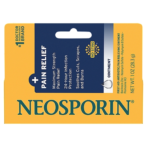 Neosporin + Pain Relief Ointment, 1 oz
First Aid Antibiotic/Pain Relieving Ointment

Dual Action Ointment
⚬ 24 hr infection protection
⚬ Maximum strength pain relief

Uses
First aid to help prevent infection and for the temporary relief of pain in minor:
■ cuts
■ scrapes
■ burns

Drug Facts
Active ingredients (in each gram) - Purpose
Bacitracin Zinc (500 units) - First aid antibiotic
Neomycin Sulfate (3.5 mg) - First aid antibiotic
Polymyxin B Sulfate (10,000 units) - First aid antibiotic
Pramoxine HCI (10 mg) - External analgesic