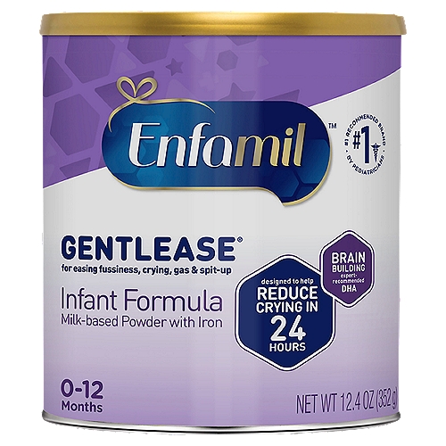 Enfamil Gentlease Milk-Based Powder with Iron Infant Formula, 12.4 oz
Enfamil® Gentlease® has easy-to-digest proteins that have been partially broken down and has been clinically shown to ease fussiness, gas and crying. Gentlease offers complete nutrition, making this a trusted choice for moms who formula feed and for those who supplement their breastfeeding.

Enfamil Gentlease has DHA and choline, brain-nourishing nutrients that are also found in breast milk. It also has vitamins C & E and selenium to support immune health.

Facts to Feel Good About:™
• No artificial flavors
• No artificial sweeteners
• No artificial colors

Experts agree on the many benefits of breast milk. If you choose to use infant formula, ask your baby's doctor about Enfamil Gentlease.