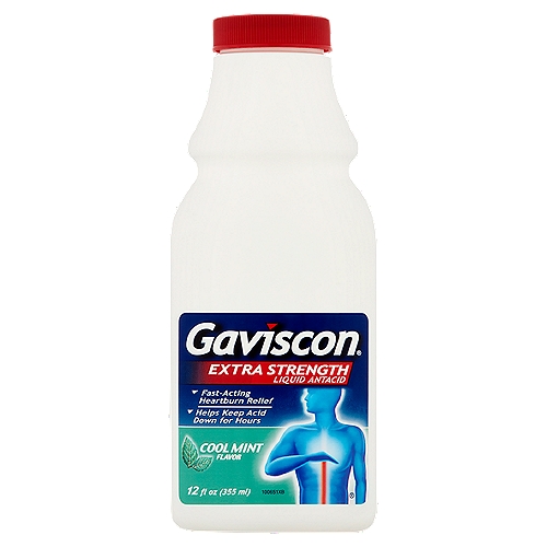 Gaviscon Extra Strength Cool Mint Flavor Liquid Antacid, 12 fl oz
Uses
Relieves
• acid indigestion
• heartburn
• sour stomach
• upset stomach associated with these symptoms

Drug Facts
Active ingredient (in each 5ml teaspoonful) - Purpose
Aluminum hydroxide 254mg, magnesium carbonate 237.5mg - Antacid