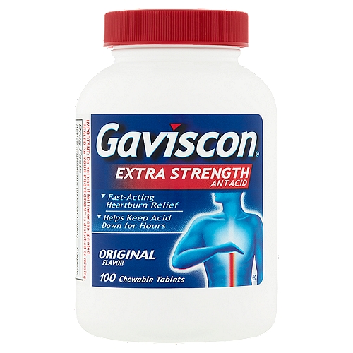 Gaviscon Extra Strength Antacid Original Flavor Chewable Tablets, 100 count
Uses relieves
• acid indigestion
• heartburn
• sour stomach
• upset stomach associated with this symptoms

Drug Facts
Active ingredients (in each tablet) - Purpose
Aluminum hydroxide 160mg, Magnesium carbonate 105mg - Antacid