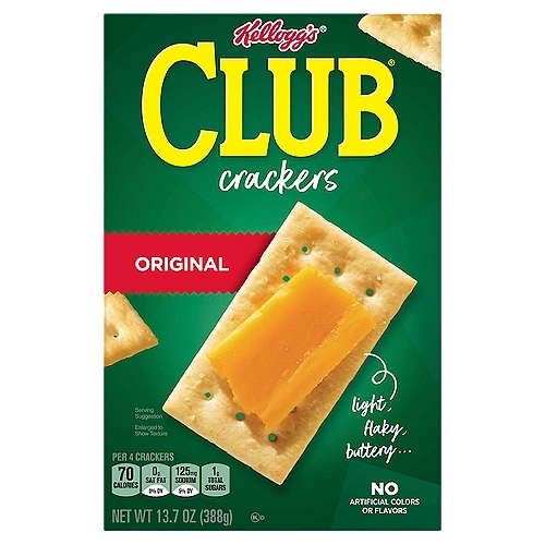 Kellogg's Club Original Crackers, 13.7 oz
Savor deliciously simple snacking with the light, flaky, and buttery taste of Kellogg's Original Club Crackers. Includes 1, 13.7-ounce box of Club Crackers made with no artificial colors or flavors. Enjoy the classic flavor with a hint of salt for a melt-in-your-mouth texture. Great as a stand-alone snack or pair with favorite toppings. An easy win with no cholesterol (0.5g monounsaturated fat, 2g polyunsaturated fat) and low in saturated fat (3g total fat per serving); Reach for a box to satisfy snack cravings at home, between meetings, errands or after class. Pair with dips, cheeses, deli meats, peanut butter and more to make family time, game nights and gatherings memorable. They’re right at home in lunch boxes and ideal for preparing easy meals or treats for your kids or yourself. Whatever the occasion, the always-right buttery flavor of Kellogg’s Original Club Crackers is ready to delight. It’s that simple.