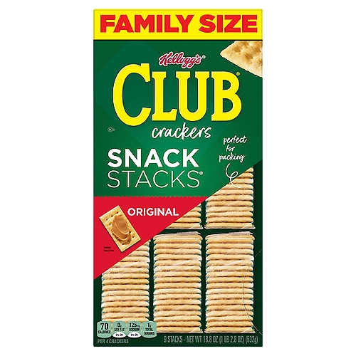 Club Crackers Original Snack Stacks Family Size Lunch Box Snacks - 18.8 Oz
Savor the light, flaky, buttery taste of Club Crackers wherever you go with Snack Stacks. Includes 1, 18.8-ounce Family Size box with 9 stacks of crackers, made with no artificial colors or flavors. Perfect for packing in work bags and lunch totes. Enjoy them on their own or with cheese, dips, spreads or toppings. As easy win with no cholesterol  (0.5g monounsaturated fat, 2g polyunsaturated fat) and low in saturated fat (3g total fat per serving); Stock irresistible, individually wrapped Snack Stacks in your pantry as a fun, easy-to-grab treat for everyone. Make them a part of preparing quick, casual meals. Grab a conveniently packaged stack for car rides, commutes, meetings, events, sports games, and just about anywhere life takes you. Your schedule might not always be simple but snacking can be with the light crunch and buttery deliciousness of Kellogg's Club Snack Stacks Crackers.