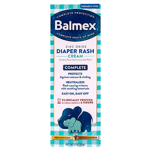 Balmex 2 oz. Diaper Rash Cream
Complete Diaper Rash Protection: Balmex works quickly to heal diaper rash and creates a highly effective, long lasting barrier that protects against wetness and chafing

Your baby's diaper change is not complete without Balmax Complete. Only Balmax gives you the complete package for your baby's comfort and your peace of mind:
Benefits for Your Baby
Provides a moisture barrier & protects against chafing - Balmex® Complete: ✓; Other Diaper Rash Creams: ✓
Neutralizes rash-causing irratants with soothing botanicals - Balmex® Complete: ✓
Clinically proven to reduce redness in just 3 hours* - Balmex® Complete: ✓
*Only Balmex is clinically proven to reduce multiple symptoms of diaper rash in 3 hours. Data on file.

Balmex prevents rash before it starts by forming a protective barrier and neutralizing rash-causing irritants with proven botanical extracts.
And Balmex works quickly to soothe and heal an existing rash. It's clinically proven to reduce redness in just 3 hours.

Gentle on baby's delicate skin and safe for everyday use, It's easy to apply and remove. So you and your baby can completely enjoy each precious moment.

Drug Facts
Active ingredient - Purpose
Zinc oxide 11.3% - Skin protectant

Uses
• Helps treat and prevent diaper rash
• protects chafed skin due to diaper rash and helps seal out wetness