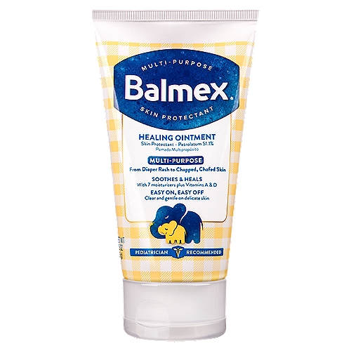 BALMEX BABY HEALING OINTMENT 3.5 OZ
This Multi-Purpose Healing Ointment from Balmex treats irritation and redness from diaper rash to chapped, chafed skin. The ointment goes on clear for less mess, and soothes with vitamins A and D plus allantoin for more complete skin relief.

Drug Facts
Active ingredients - Purpose
Petrolatum 51.1% - Skin protectant

Uses
• temporarily protects minor
 • cuts
 • scrapes
 • burns
• temporarily protects and helps relieve chapped or cracked skin
• helps treat and prevent diaper rash
• protects chafed skin due to diaper rash and helps seal out wetness