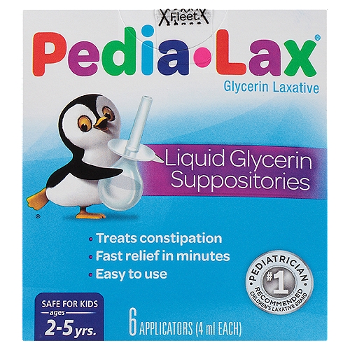 Fleet Pedia-Lax Rectal Laxative Liquid Glycerin Suppositories, Ages 2-5 yrs., 4 ml, 6 count
Our unique liquid glycerin applicator is a fast, easy and mess free way to relieve your child's constipation. Just insert, squeeze, remove and discard.
• Works in minutes
• Hand's free insertion
• Liquid Glycerin means no clenching and no waiting for suppository to dissolve

Uses
■ for relief of occasional constipation
■ this product usually produces bowel movement in 1/4 to 1 hour

Drug Facts
Active ingredient (in each 2.7-ml average delivered dose) - Purpose
Glycerin 2.8 g - Hyperosmotic laxative