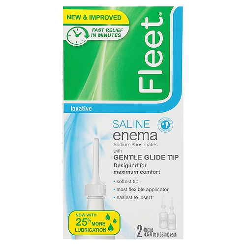 Fleet Laxative Saline Enema, 4.5 fl oz, 2 count
Sodium Phosphates with Gentle Glide Tip
Designed for maximum comfort
• softest tip
• most flexible applicator
• easiest to insert*
*Based on laboratory data

Complete enema in a disposable squeeze bottle with soft, pre-lubricated Comfortip®
Protective shield prevents contamination
Bottle sealed for safety
Pre-lubricated Comfortip® for ease of insertion
One-way safety valve controls flow and prevents reflux
Fleet® Enemas are latex-free

Use
For relief of occasional constipation.
This product usually produces a bowel movement in 1 to 5 minutes.

Drug Facts
Active ingredients (in each 118 ml delivered dose) - Purpose
Monobasic sodium phosphate 19 g - Saline laxative
Dibasic sodium phosphate 7 g - Saline laxative