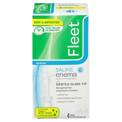 Fleet Laxative Saline Enema, 4.5 fl oz, 4 countnComplete enema in a disposable squeeze bottle with soft, pre-lubricated Comfortip®nnSodium Phosphates with Gentle Glide TipnDesigned for maximum comfortn• softest tipn• most flexible applicatorn• easiest to insert*n*Based on laboratory datannUsenFor relief of occasional constipation.nThis product usually produces a bowel movement in 1 to 5 minutes.nnDrug FactsnActive ingredients (in each 118 ml delivered dose) - PurposenMonobasic sodium phosphate 19 g, Dibasic sodium phosphate 7 g - Saline laxative