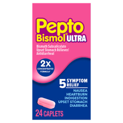 Pepto Bismol Caplets Ultra for Nausea, Heartburn, Indigestion, Upset Stomach, and Diarrhea - 5 Symptom Fast Relief, 24 ct