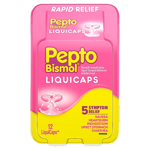 Pepto Bismol Rapid Relief LiquiCaps, 12 count
Pepto Bismol is formulated to coat your upset stomach, calm heartburn & nausea and relieve indigestion & diarrhea. Pepto Bismol LiquiCaps provide rapid relief that's equally as effective as Pepto Bismol liquid. These convenient LiquiCaps allow you to take Pepto Bismol on-the-go so you can take it anywhere - at work, home, or travel worry-free. Take Pepto Bismol at the first sign so you're back to your normal fast. Pepto is the #1 PHARMACIST RECOMMENDED BRAND. May be HSA/ FSA eligible.*Based on Pharmacy Times 2018 Survey-upset stomach remedies category.