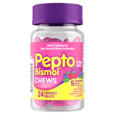 Pepto Bismol Chews, Fast and Effective Digestive Relief from Nausea, Heartburn, Indigestion, Upset Stomach, Diarrhea, Berry Mint Flavor, 24 Chewable Tablets, 24 Each