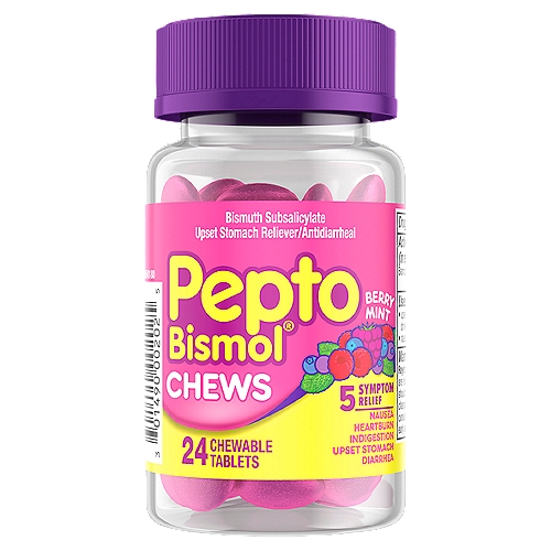 Pepto Bismol Chews, Fast and Effective Digestive Relief from Nausea, Heartburn, Indigestion, Upset Stomach, Diarrhea, Berry Mint Flavor, 24 Chewable Tablets
