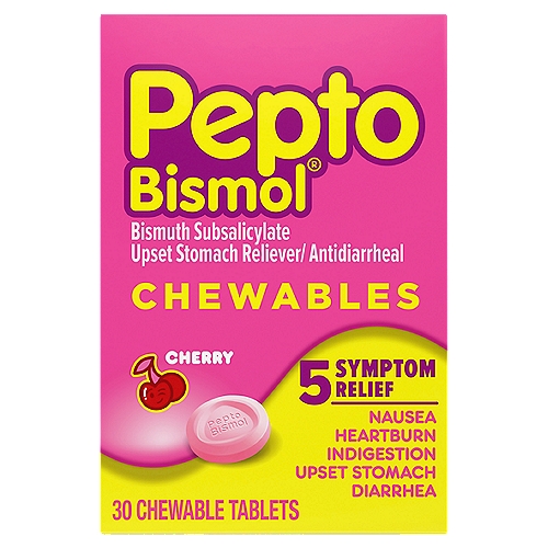 Pepto Bismol Cherry Upset Stomach Reliever/Antidiarrheal Chewable Tablets, 30 count
Pepto Bismol Cherry Chewable Tablets. When you have a sour stomach, Pepto's coating action calms and soothes your symptoms, providing fast digestive relief from nausea, heartburn, indigestion, upset stomach, and diarrhea. May be HSA/ FSA eligible.