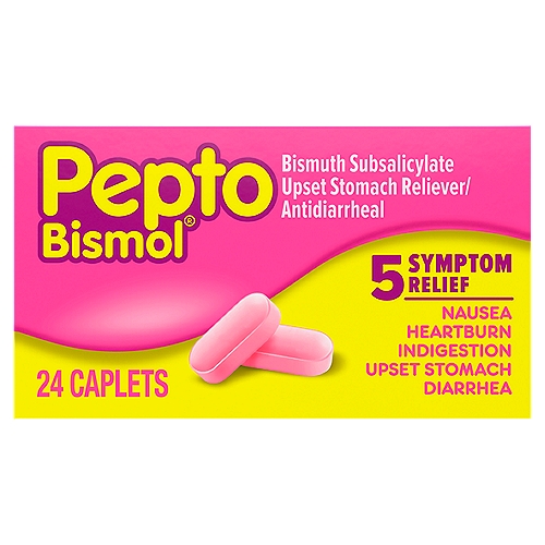 Pepto Bismol Upset Stomach Reliever/Antidiarrheal Caplets, 24 count
Drug Facts
Active ingredient (in each caplet) - Purpose
Bismuth subsalicylate 262 mg - Upset stomach reliever and antidiarrheal

Uses
Relieves
● travelers' diarrhea
● diarrhea
● upset stomach due to overindulgence in food and drink, including:
● heartburn
● indigestion
● nausea
● gas
● belching
● fullness