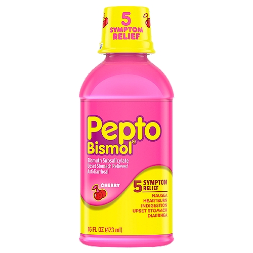 Pepto Bismol Cherry Upset Stomach Reliever/Antidiarrheal, 16 fl oz
Pepto Bismol Cherry Liquid. When you have a sour stomach, Pepto's improved formula coats your stomach and provides fast relief from nausea, heartburn, indigestion, upset stomach, and diarrhea. May be HSA/ FSA eligible.