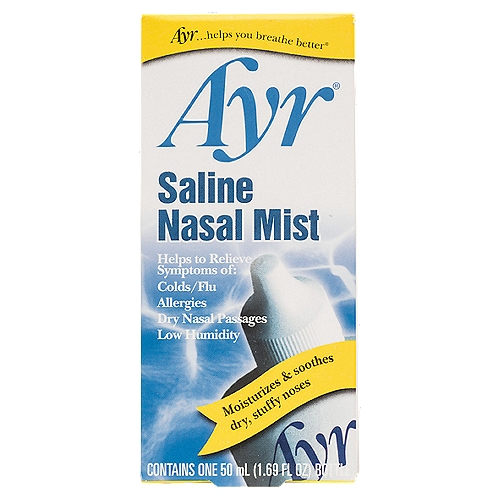 AYR Saline Nasal Mist 50mL
Product Facts
Uses
Helps moisturize dry nasal passages and relieve dry, crusty and inflamed nasal membranes due to allergies and colds, and is an effective nasal wash for sinuses.